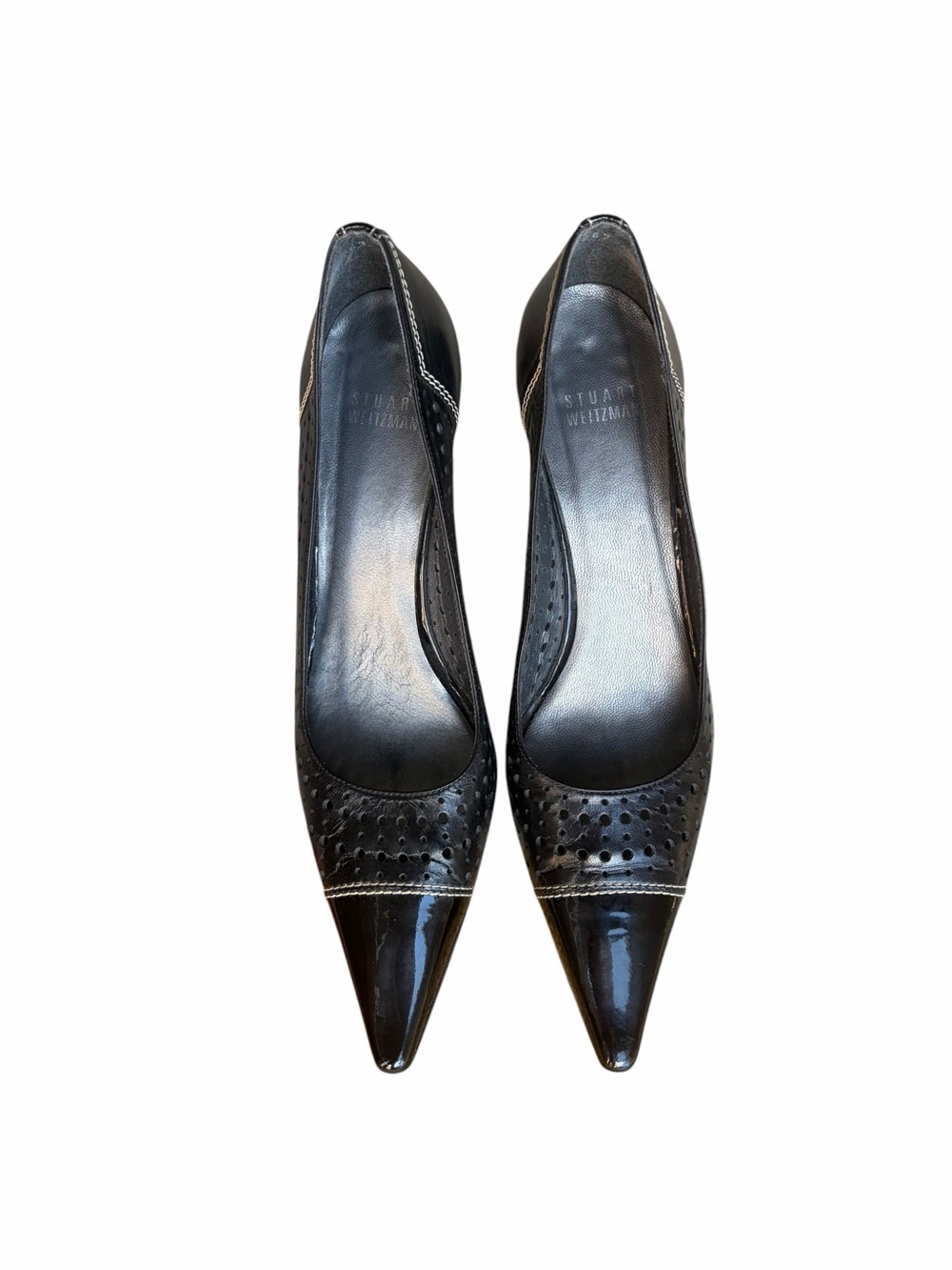 Stuart Weitzman VTG Black Perforated Leather Patent Cap Toe Pumps Sz 8